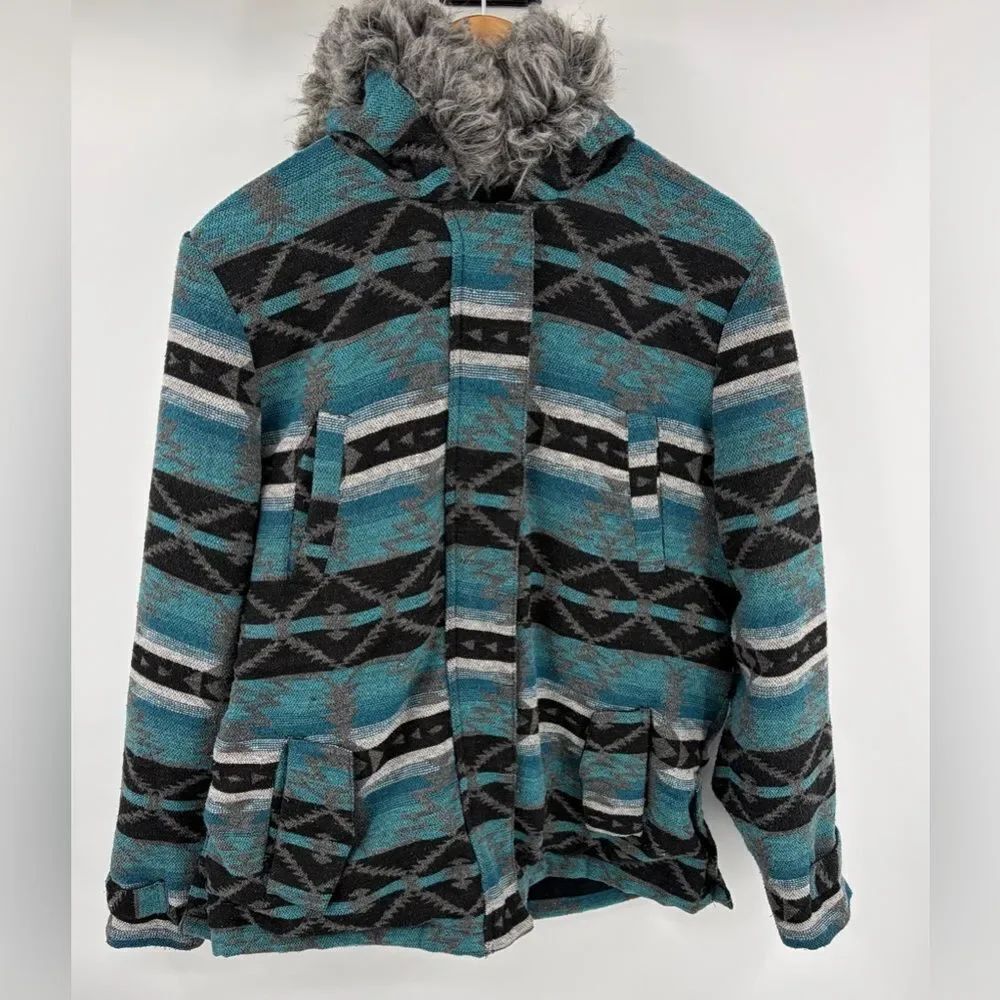Outback Trading Co women’s Myra Aztec print faux fur lined hooded jacket sz L